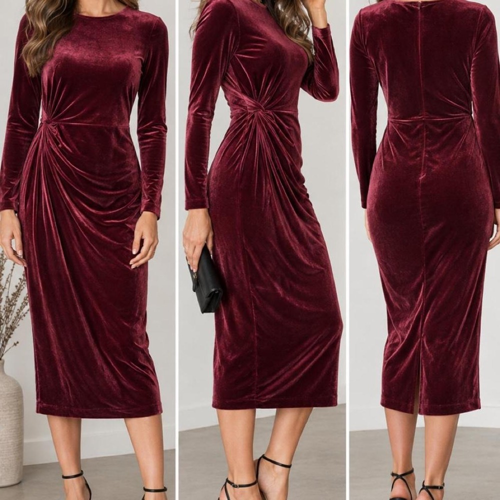Banana Republic Burgundy Oxblood Velvet Midi Ruched Twist Waist Holiday Party